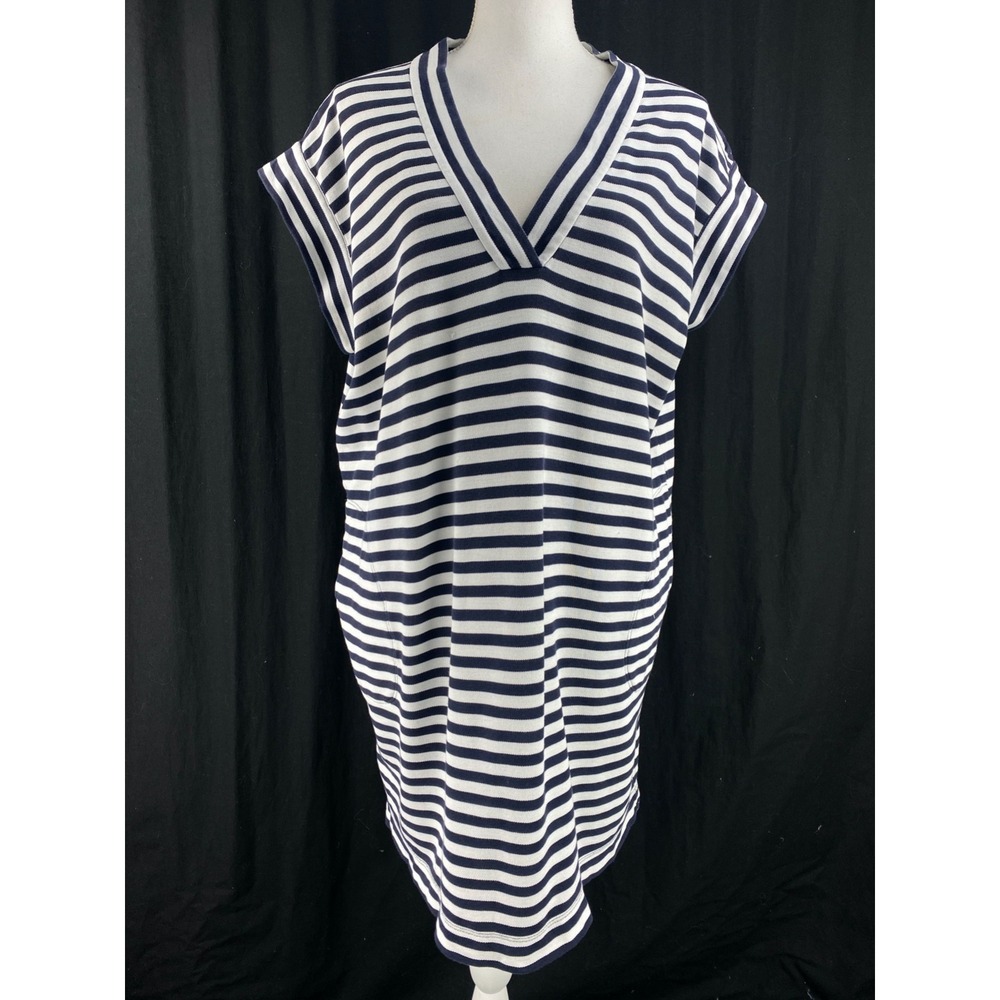 ATM Anthony Thomas Melillo Extended Shoulder V Neck‎ Dress L Navy White Stripe